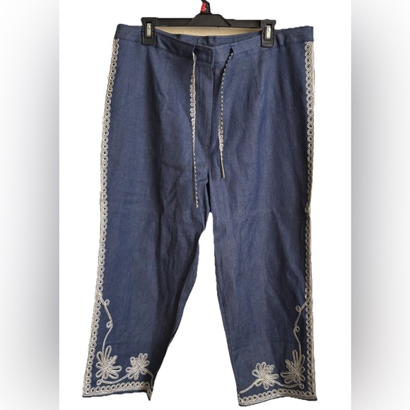 Lew Magram Pants - Vintage New Silk Cotton Lew Magram Cropped Embroidered Denim Pants